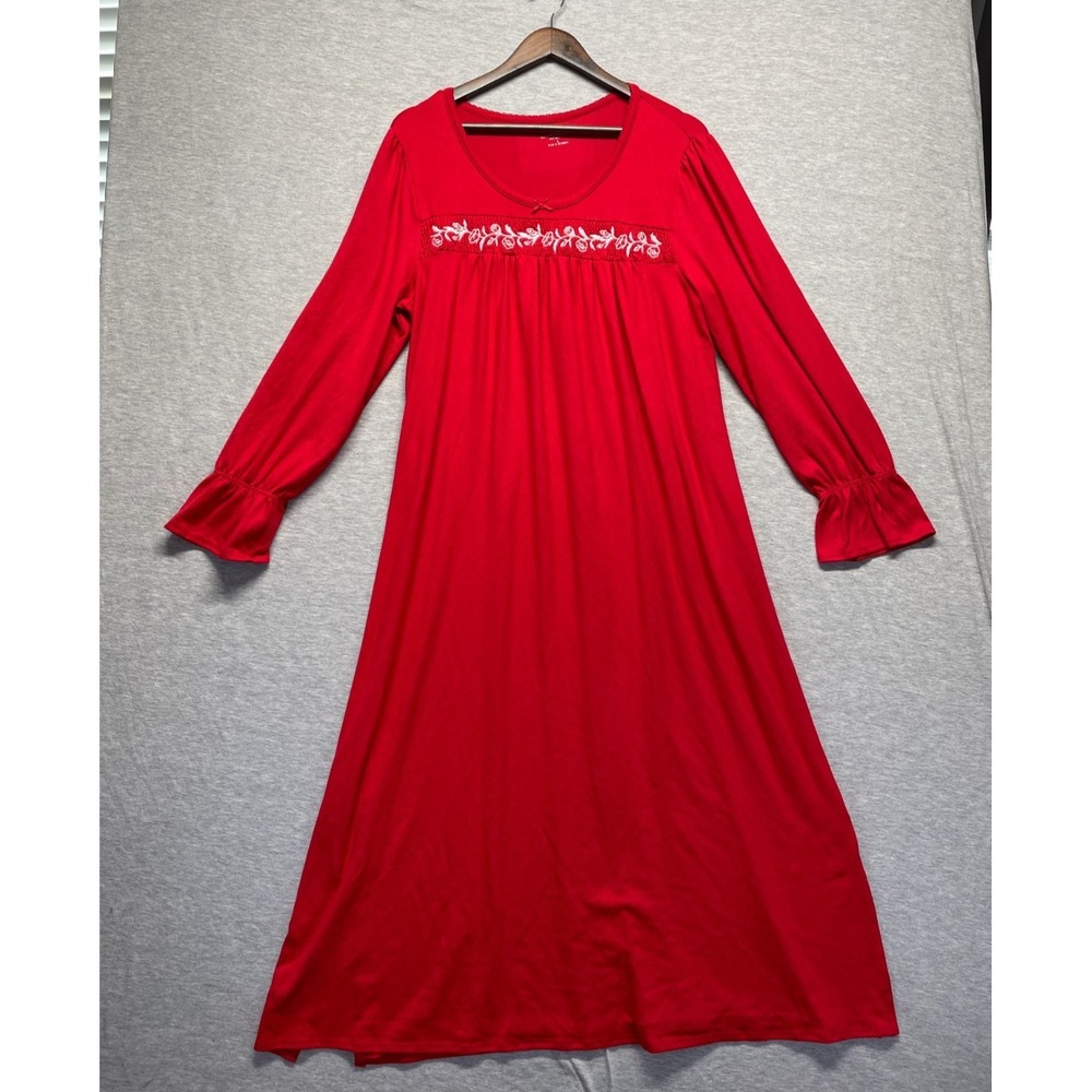 Charter Club Intimates Nightgown Womens Large Red Smocked Embroidered Scoop Neck